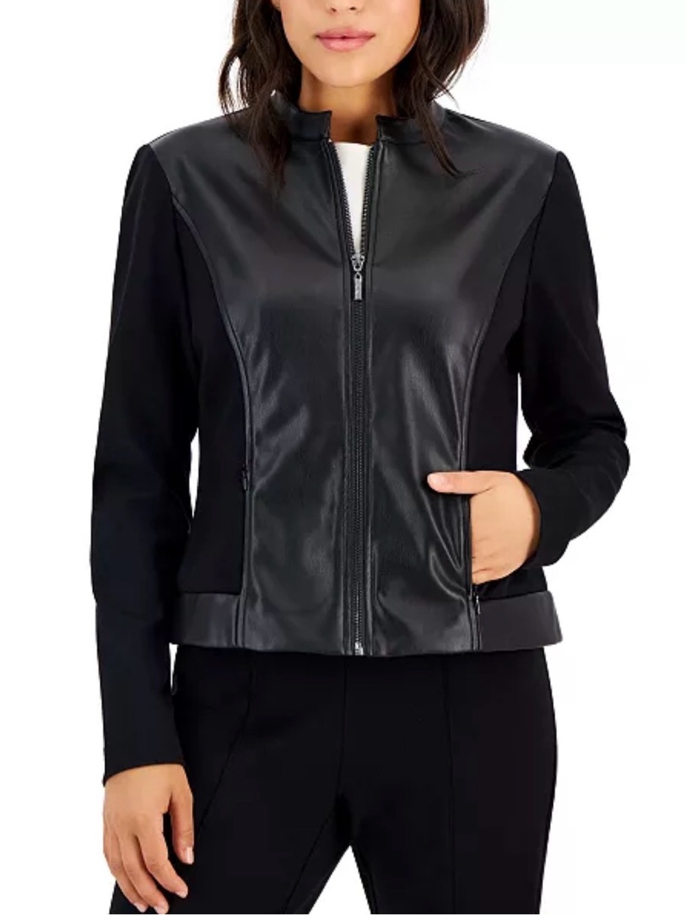 Anne Klein Black Faux Leather-Front Zip Jacket Size PL - Picture 3 of 6